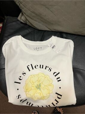 LOFT White Tee with Yellow Floral Graphic and Black Script